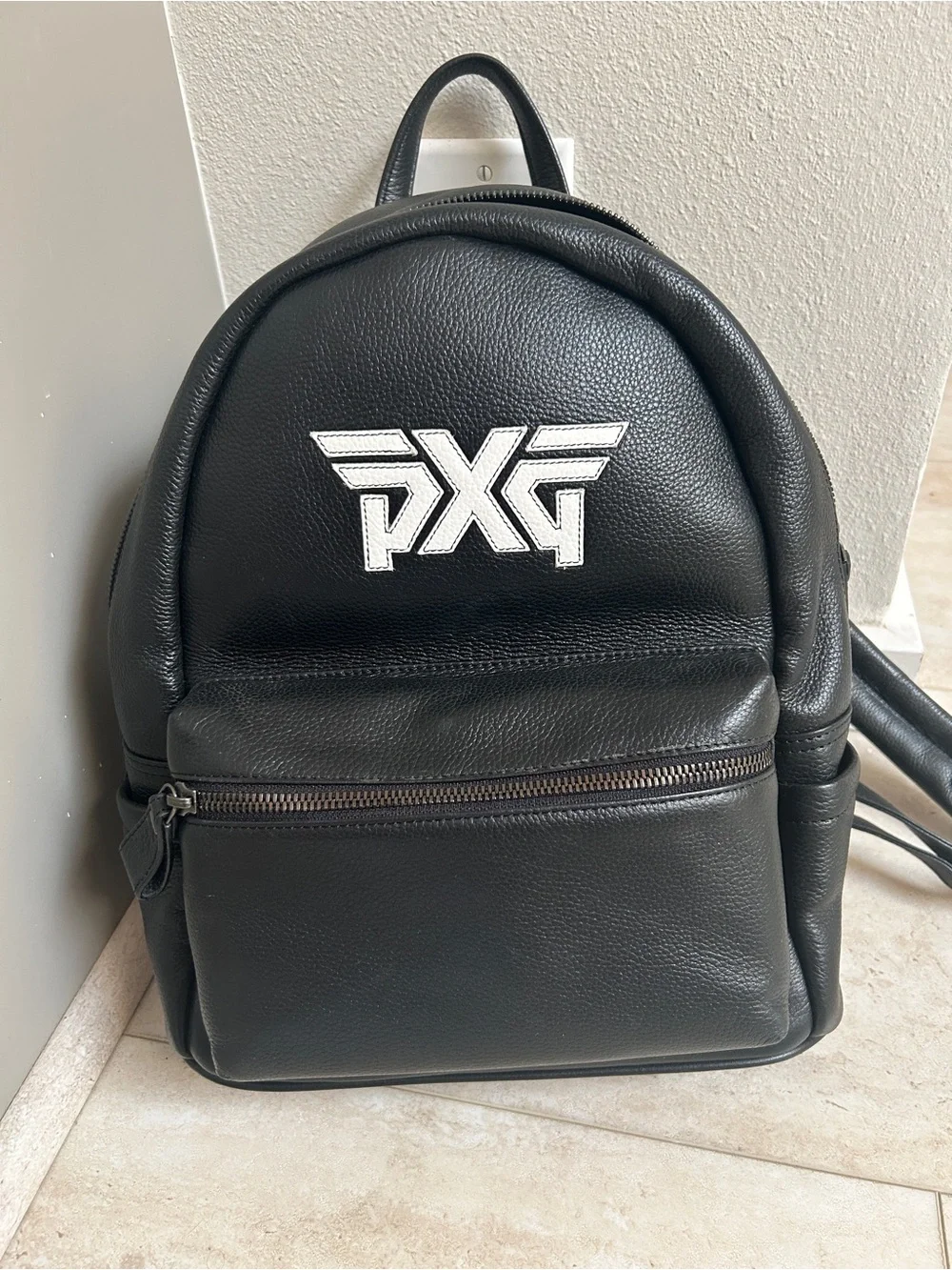 PXG Black Leather Mini Backpack with White Logo